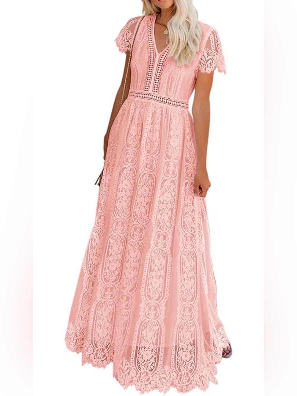 Women’s Blush Pink Lace Maxi Dress Boho Cottagecore Romantic Wedding Guest